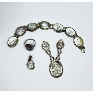 Antique Italian Cameo Jewelry Set Roman Gods Goddesses Mother of Pearl Valentine